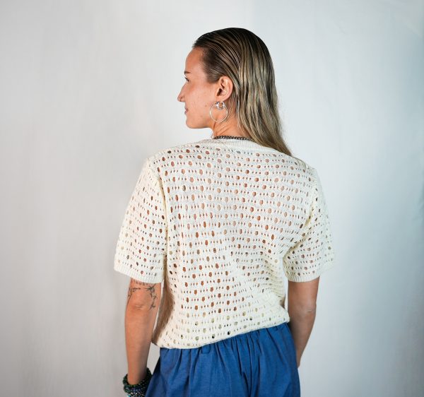T-Shirt in Lino e Lana Crochet Bianca - immagine 2