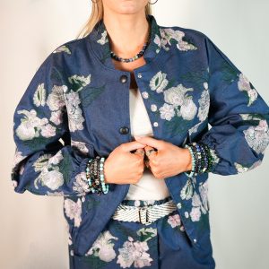 Giacca Bomber in Jeans con Fantasia Floreale