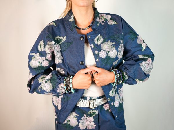 Giacca Bomber in Jeans con Fantasia Floreale