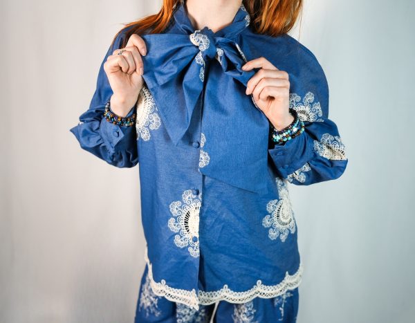 Blue Blouse Boho with Bow Tie
