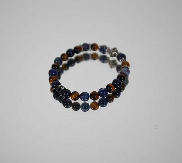 BRACCIALE ELASTICO CON BASE IN PIETRE NATURALI 8 MM Marrone e blu - immagine 2